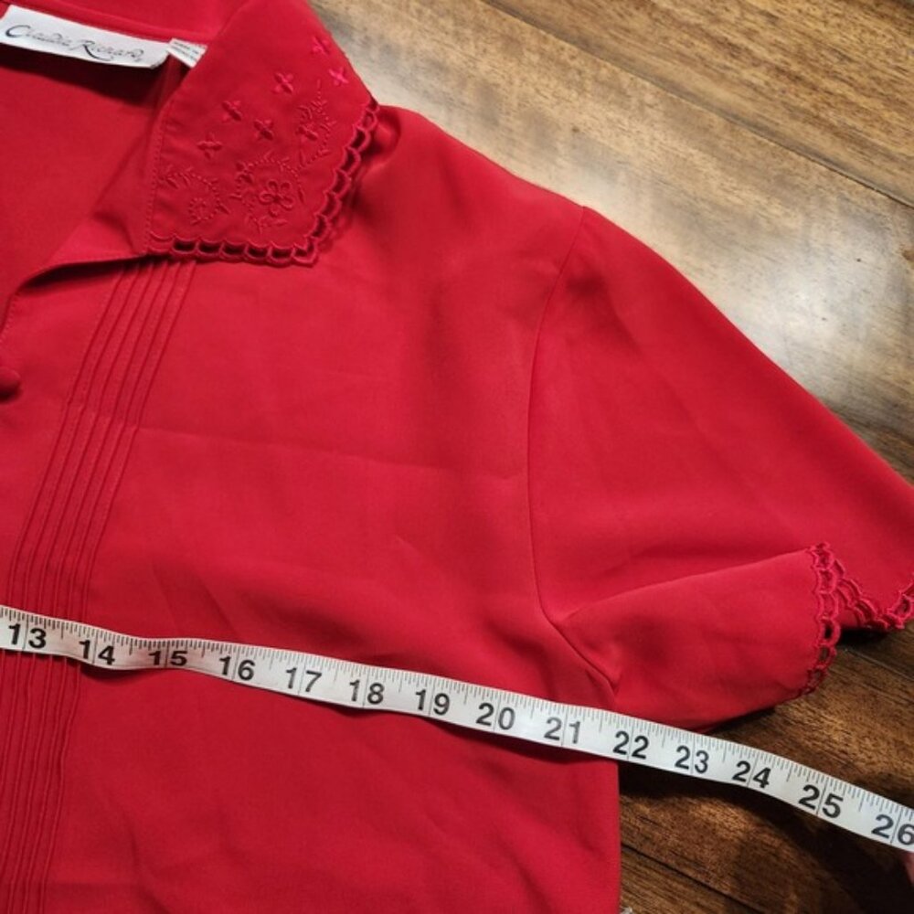 Vintage 80s Claudia Richard Red Embroidered Pintuck Blouse Womens Size 14 - Picture 5 of 7